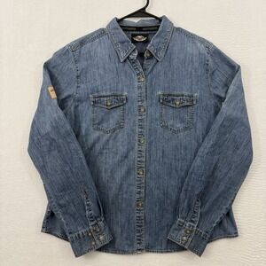 Harley Davidson Shirt Women XL Blue Denim Roll Tab Long Sleeve Button Up